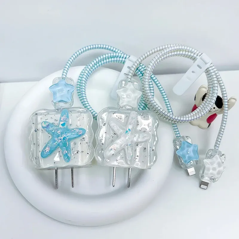 Koreanische Nette 3D Kristall Stern USB Kabel Schutz Abdeckung Für iPhone 18W-20W Daten Linie beißen Kopf Kabel Blume Schnelle Lade Fall