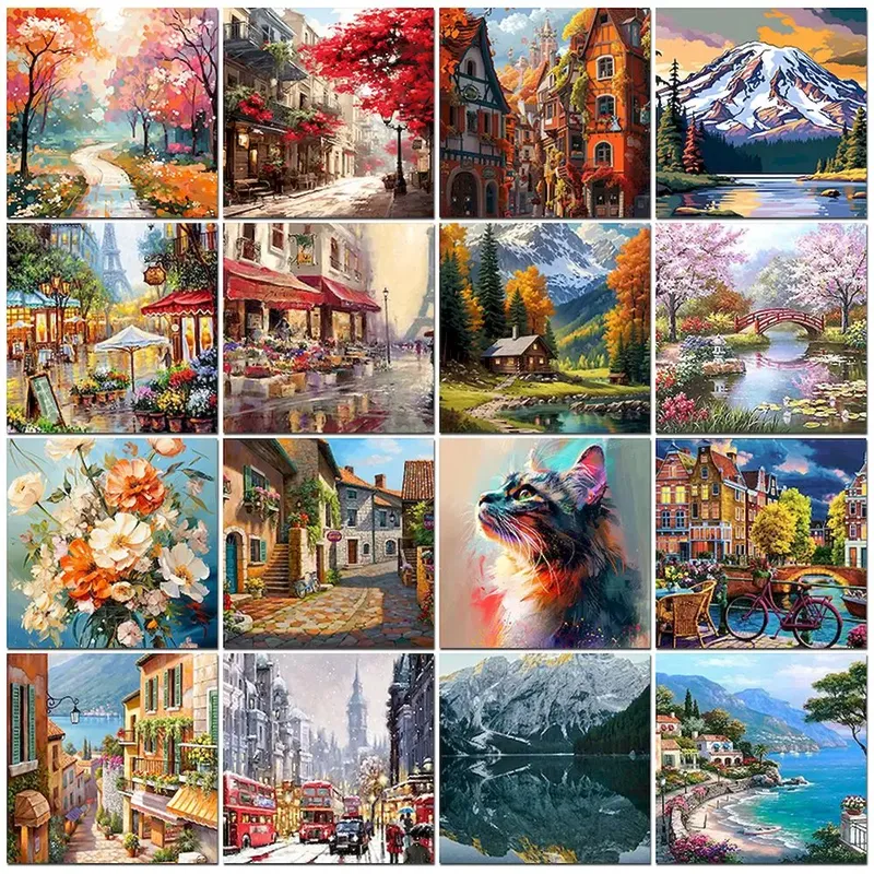 PhotoCustom City Ölgemälde nach Zahlen Landschaft Erwachsene DIY Kits Malen nach Zahlen auf Leinwand Landschaft rahmenlose Heimdekoration