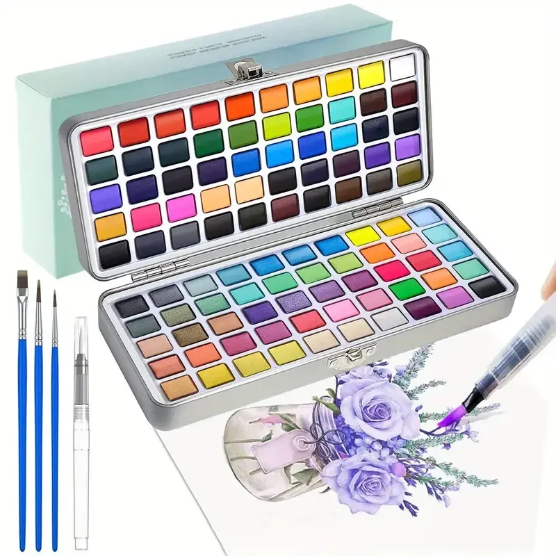 Aquarellfarben-Set, 50/100/128/168 Farben in Metall-Geschenkbox, einschließlich lebendiger, metallischer, perlmuttartiger und fluoreszierender Farben, Tr