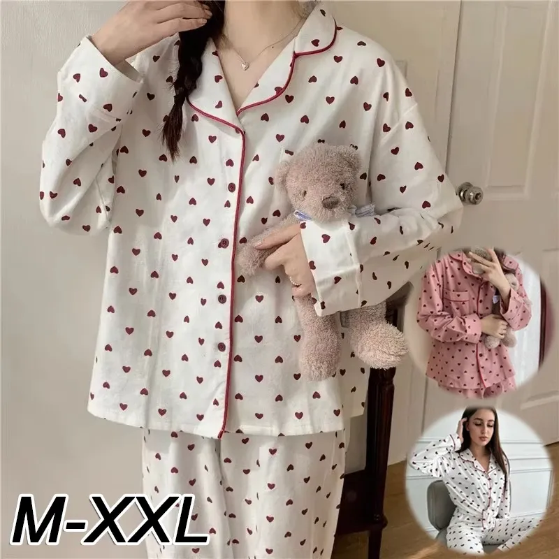 M-XXL Große Nachtwäsche Damen Nachtwäsche Herbst und Winter Strickjacke Home Wear Pfirsich Herz Lange Ärmel Schule Seidenpyjama