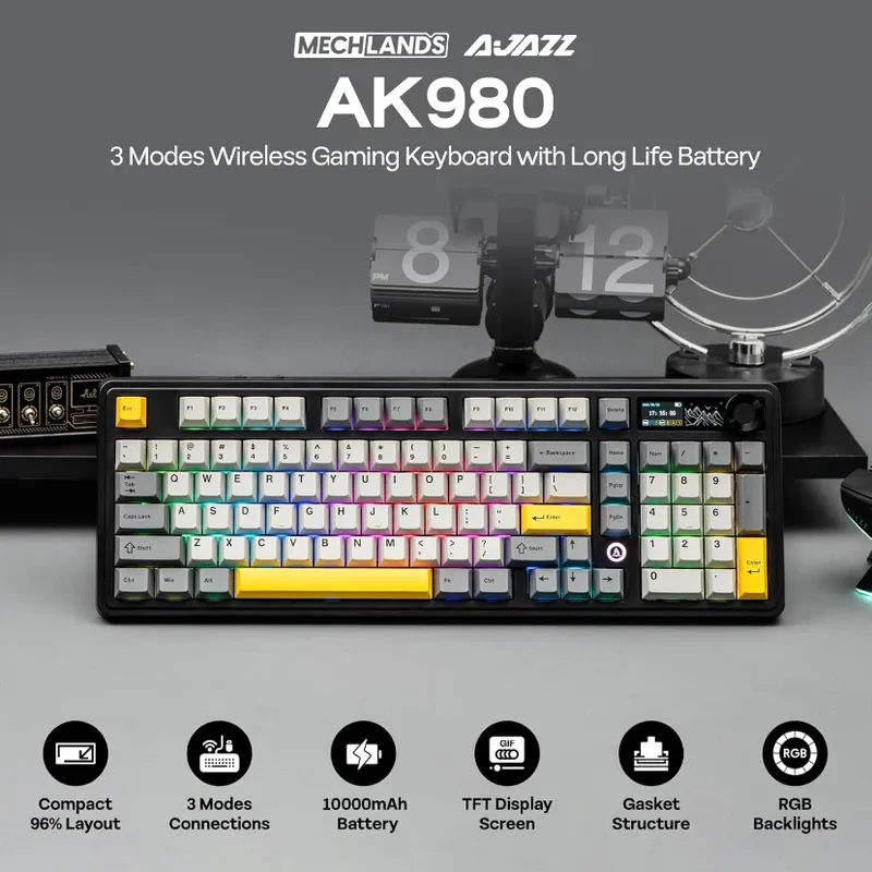 AJAZZ AK980 Mechanische Gaming-Tastatur, 2,9 cm TFT-Bildschirm, Lautstärkeregler, 98-Tasten-Dichtungsstruktur, RGB-Beleuchtung, Hot-Swap-fähiger PR4