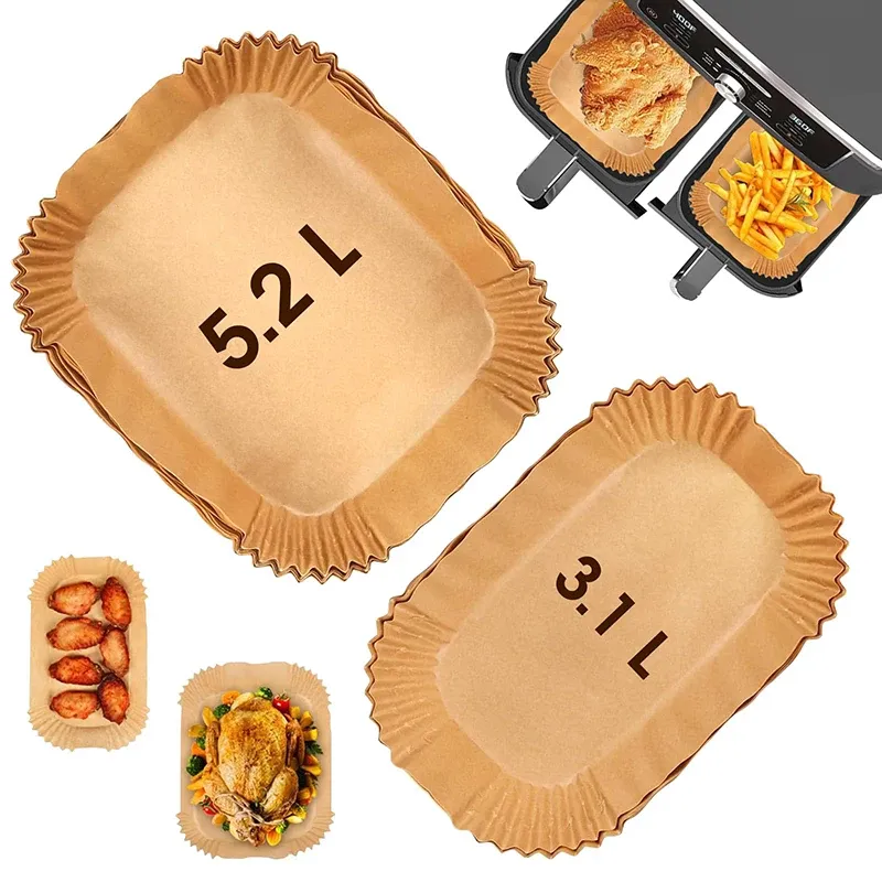 Rechteckige Luftfritteusen-Papiereinlagen für Tefal 5,2 l und 3,1 l Dual-Korb-Airfryer, Einweg-Papier, Küche, Backen, Kochzubehör