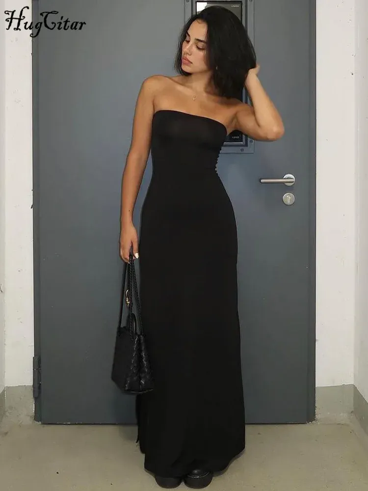Hugcitar Schwarzes trägerloses Langarm-Sexy-Bodycon-Maxi-Abschlussballkleid 2024, Herbst-Winter, elegantes Damen-Outfit, Abendparty, Festival