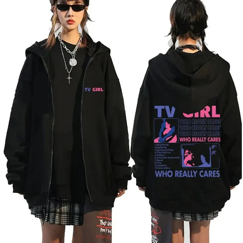 Männer Frauen TV Girl Who Really Cares Grafikdruck Reißverschluss Hoodie Mode Lässig Übergroße Jacke Fleece Langarm Sweatshirts