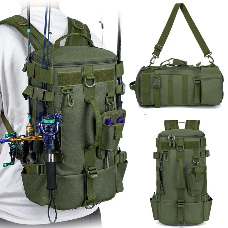 Taktischer Angelrucksack, Tackle-Tasche mit Rutenhaltern, Aufbewahrung von Fischgeräten, Molle, Camping, Wandern, Outdoor, multifunktionale Tasche