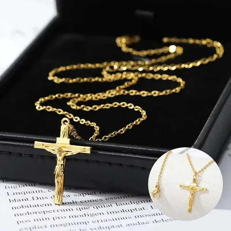 Kreuz-Halskette aus 316L-Edelstahl, 18 Karat vergoldet, religiöser Anhänger, Unisex, hypoallergen, lichtecht, Kette, Kirche, Schmuck, Geschenk