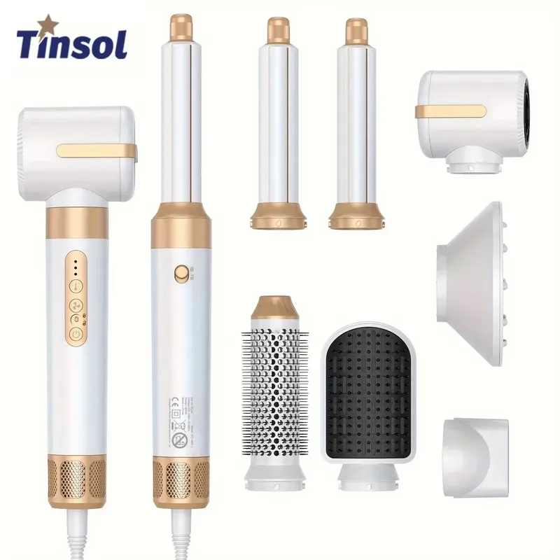 Tinsol 7-in-1-HaartrocknerbĂŒrste, bĂŒrstenloser Hochgeschwindigkeits-Haartrockner mit Diffusor, ionischer Föhn, HeiĂluft-Styling-Kamm, Lockenwickler