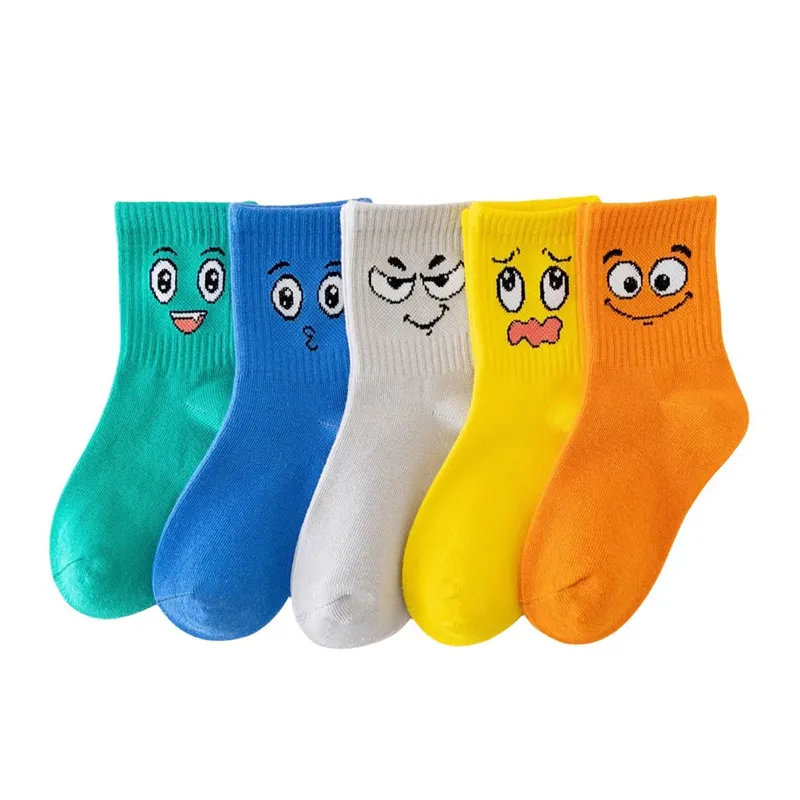5 Paar Kindersocken, Emoticons, lustiges Gesichtsmuster, bequem, atmungsaktiv, für Jungen und Mädchen