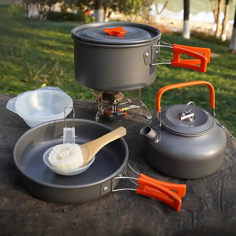 Camping Kochgeschirr Set Aluminium tragbare Outdoor-Geschirr Kochset Kochset Pfanne Schüssel Kessel Topf Wandern Grill Picknick-Ausrüstung