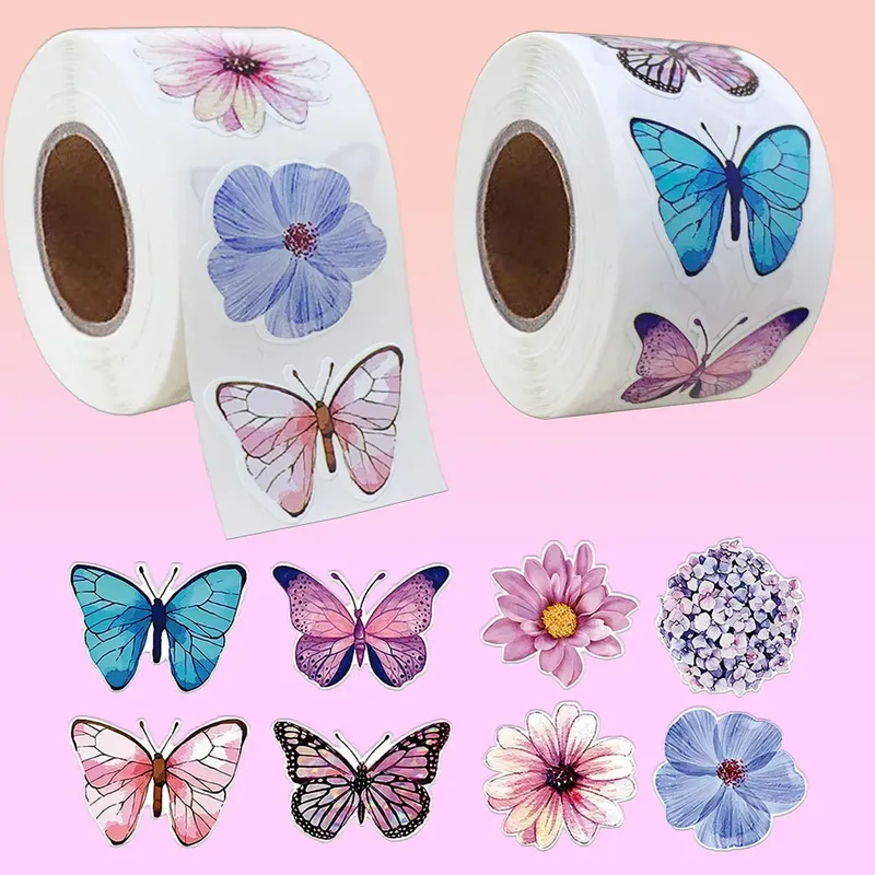 500 Stück/Rolle Lebendige Schmetterlings- und Blumen-Aufkleber 2,5cm/1,0 Zoll DIY-Dekorationsaufkleber zur Verzierung von Geschenken, Notizbüchern, Wasserkochern, Handys und als Siegeletiketten
