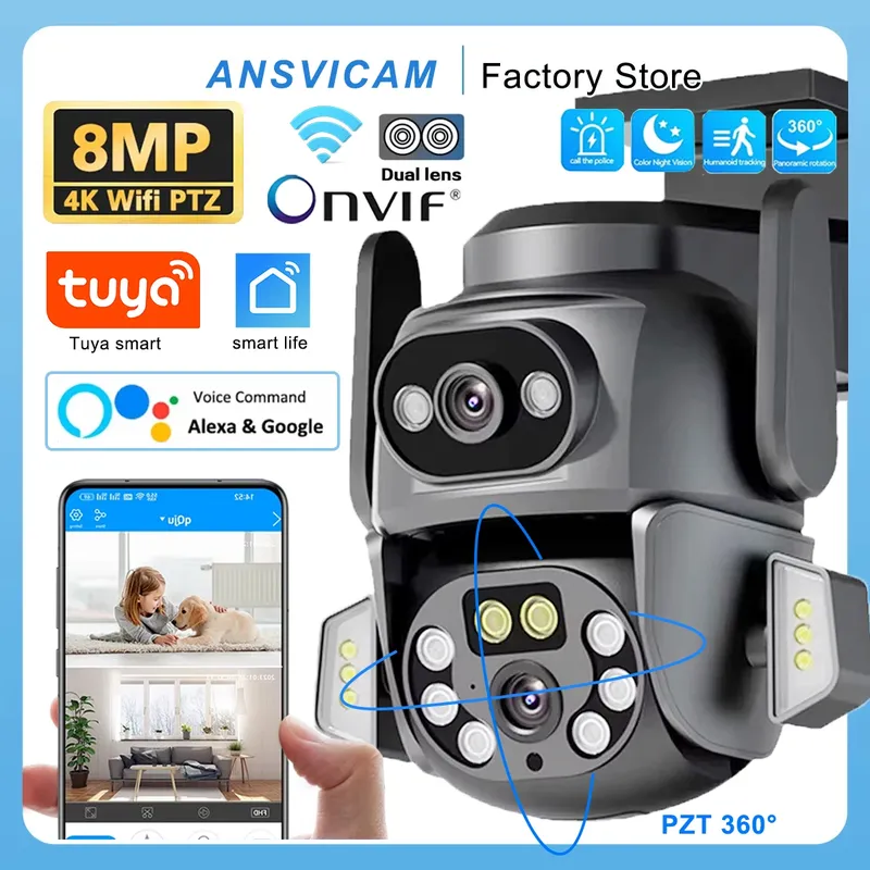 4K 8MP WIFI Kamera TUYA APP Dual Screen Cam Fernglas AI Körper Automatische Tracking CCTV Alexa Sicherheit Intelligente IP66 Überwachung