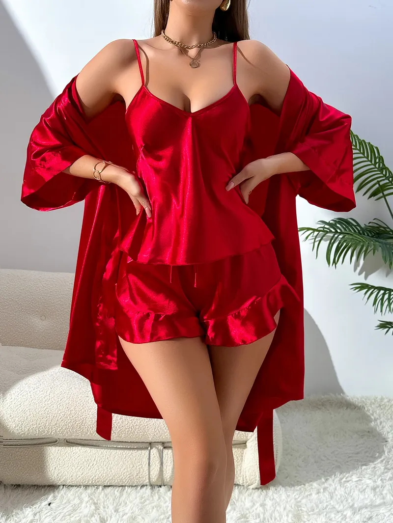 Herbst Neue frauen Seide Pyjamas Sexy Mode Pyjamas Set Und Einfache Robe Drei Stück frauen Loungewear