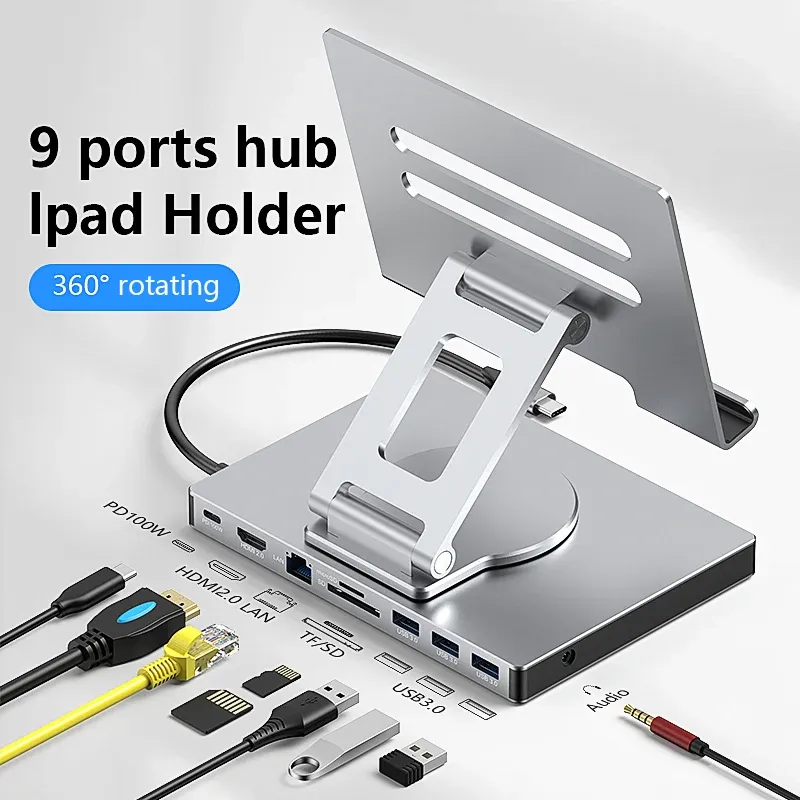 Blueendless Ipad-Ständer USB-C-Hub 4K 60 Hz HD Typ-C 100 W PD SD/TF-Steckplatzleser USB 3.0 5 Gbit/s 9-in-1 Typ-C-Hub iPad-Halter