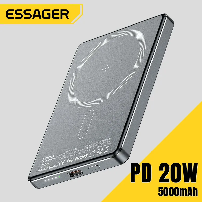Essager Dünne kabellose Powerbank, magnetisch, 20 W, 5000 mAh, tragbar, Schnellladung, externer Akku für Magsafe, für iPhone 16, 15, 14, 13