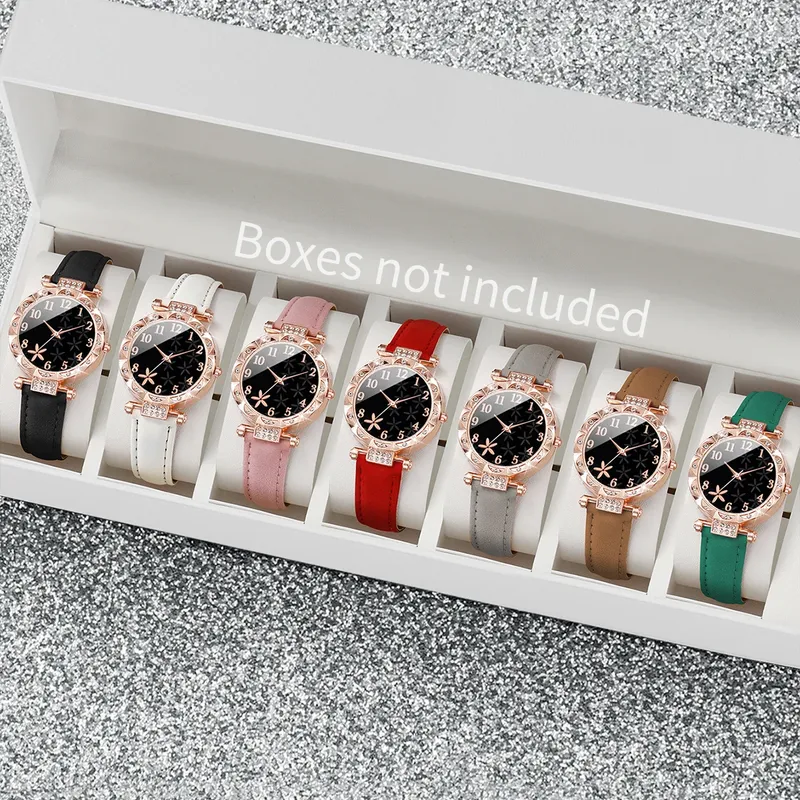 7 Teile/satz Mode Strass frauen Uhr Leder Band Weibliche Quarz Uhren (Ohne Box)