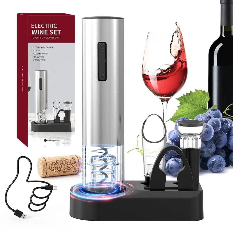 Wiederaufladbares elektrisches Weinöffner-Set, automatischer elektrischer Weinöffner mit Ständer, Metallöffner mit Folienschneider, Ausgießer, Stopper
