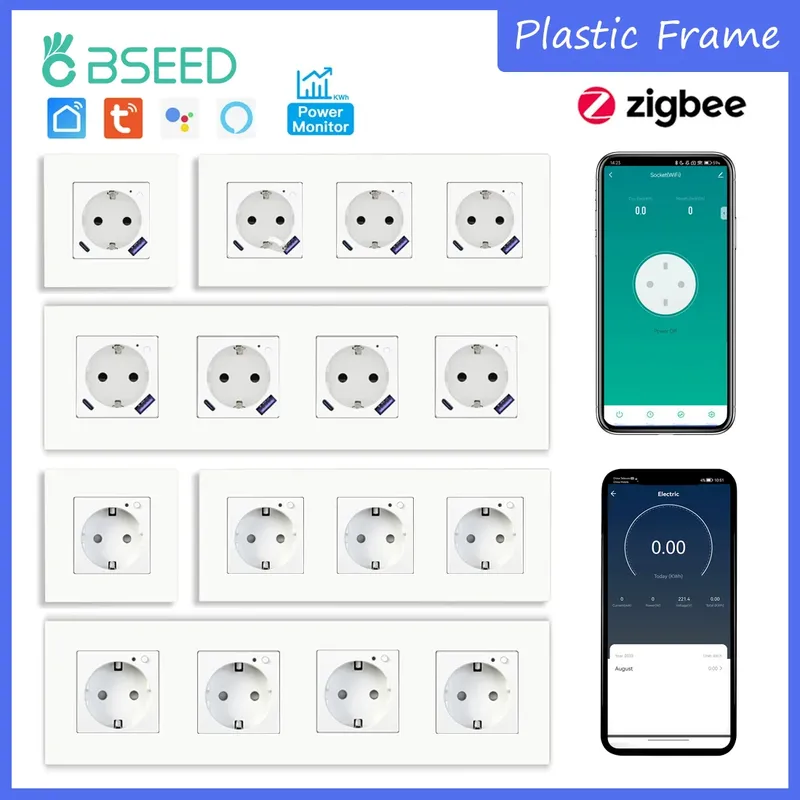 BSEED Zigbee Smart AC Steckdose EU Steckdosen mit USB Typ-c Schnellladeanschlüssen Tuya Smart Life Alexa App Kunststoffrahmen Weiß
