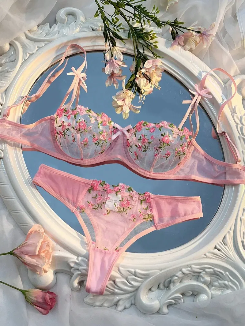 Sexy Dessous Frauen Dünne Transparente Spitze Durchsichtig Weibliche Erotische Unterwäsche Bh Und Panty Set Nachtwäsche Anzug Stickerei Floral