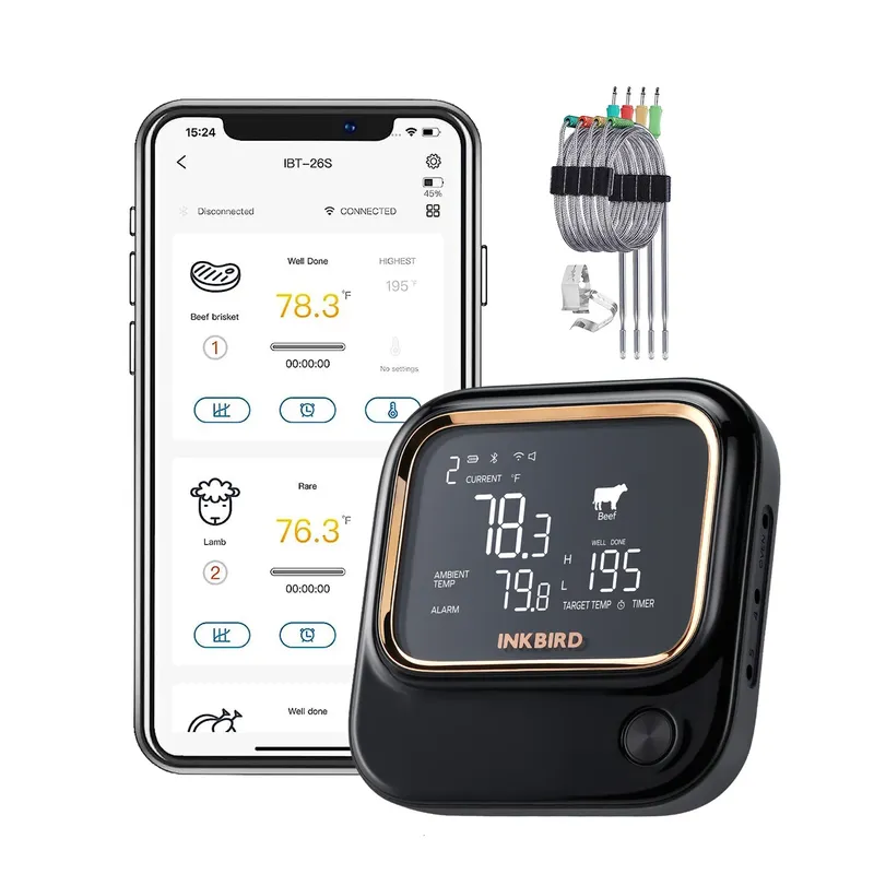 【Lagerfreigabe】INKBIRD WiFi Bluetooth BBQ-Thermometer mit 4 Sonden APP Ferngesteuertes Fleischthermometer für die Haushaltsküche