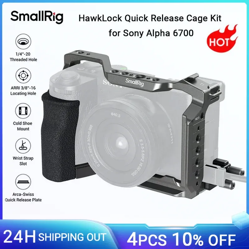 SmallRig A6700 Cage HawkLock Schnellwechselkäfig-Set für Sony Alpha 6700, mit Silikongriff, Kabelklemme und Platte für Arca 5060