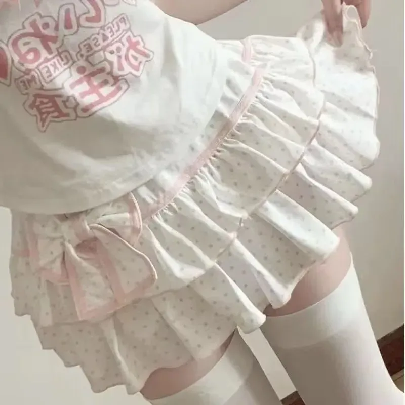 Deeptown Harajuku Y2k Lolita Minirock Damen Schleife Japanischer Stil Kawaii Faltenröcke Sweet Dot Rüschen Kuchen Layered Röcke