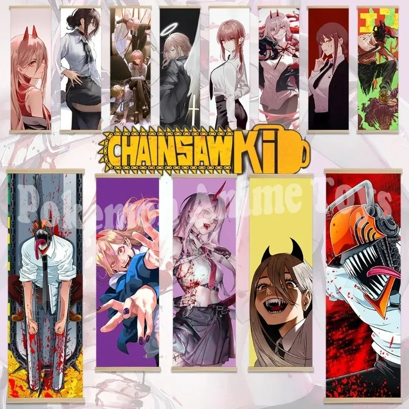 Chainsaw Man Anime-Poster mit Holzrahmen, Scroll-Gemälde, HD-Qualität, Wandkunst, Retro-Poster für Zuhause, Zimmer, Wanddekoration