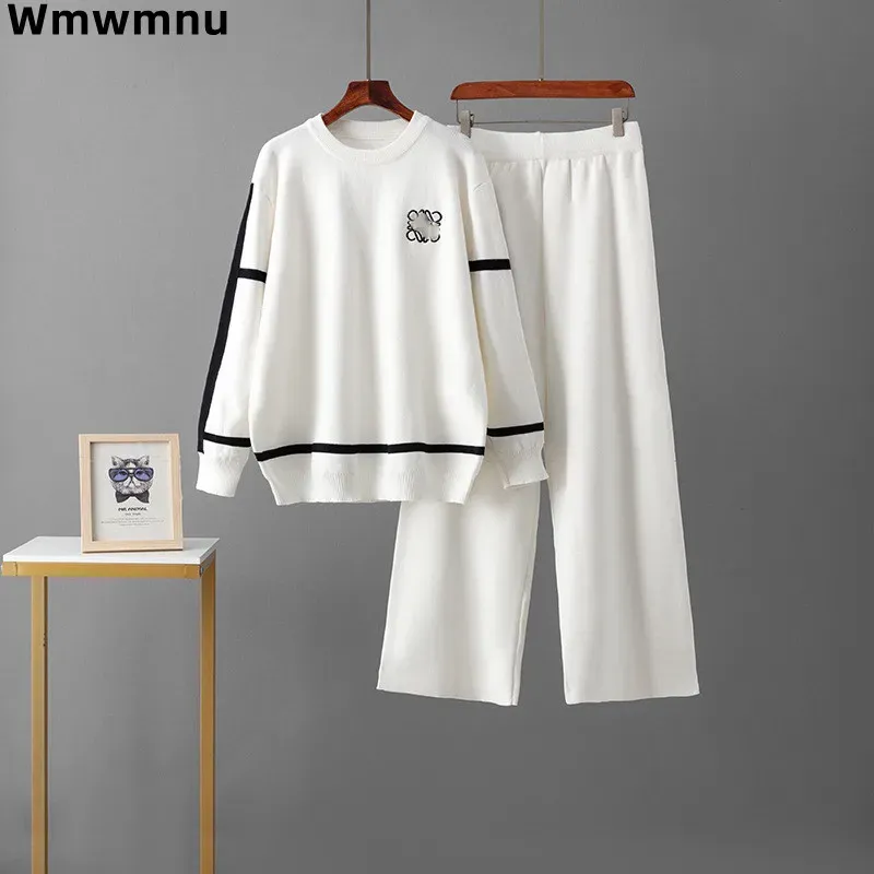 Lässige Mode Frauen Gestrickte 2-teilige Sets Korea Weiche Strecth Oansatz Pullover Tops Conjunto Elegante Hohe Taille Breite Bein Hosen