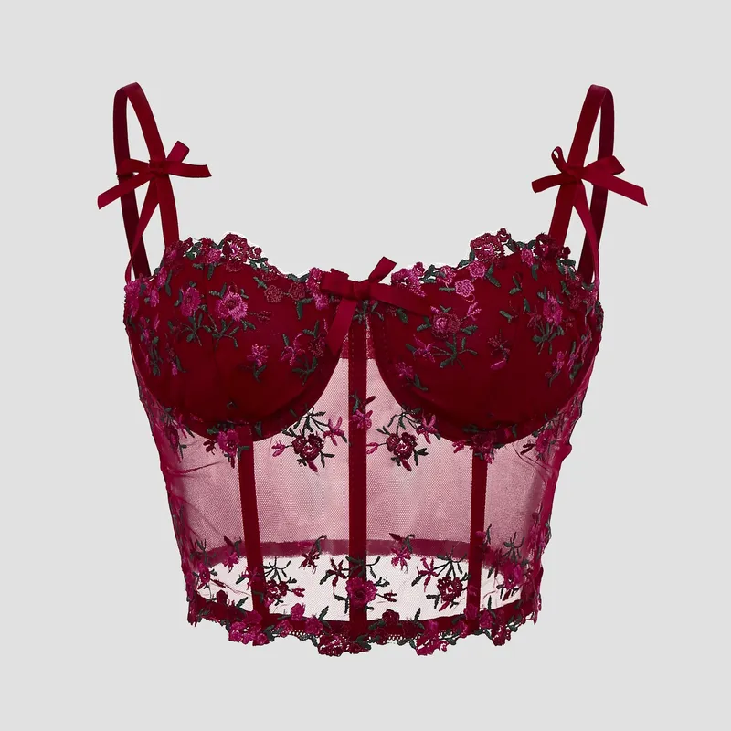 Sexy Spitze Blumen Stickerei Bogen Korsett Für Frauen Leibchen Sheer Mesh Fishbone Schlank Crop Top Wired Bh Camis Festival Dessous
