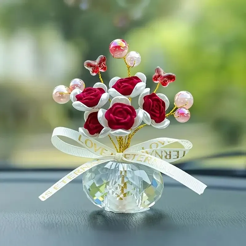 1 x Kristallglas-Rosen-Armaturenbrett-Ornament – elegantes Zuhause, Schlafzimmer/Auto-Dekoration, festliches Weihnachtsgeschenk, Thanksgiving, Weihnachten
