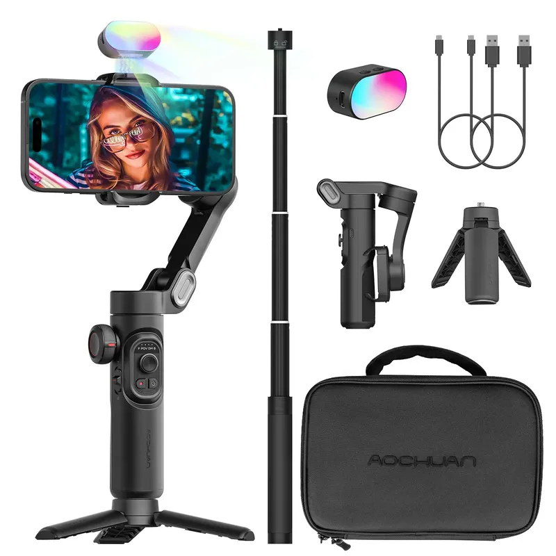 AOCHUAN Smart XE Combo1 3-Achsen-Hand-Gimbal-Stabilisator für iPhone und Android Smartphone-Stabilisator mit Verlängerungsstange