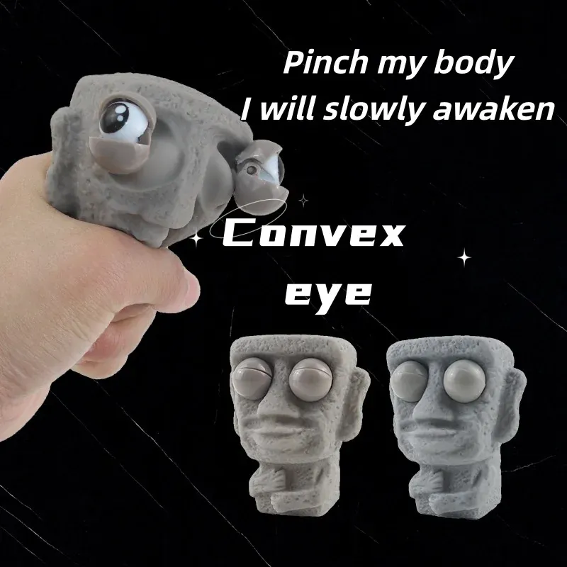 Stone Man löst Stress-Spielzeug zurück undert langsam zurück, weiche Moai-Statue, Augen quetschen, interessiert Ausdruck, entspannt Stress, Kindergeschenk