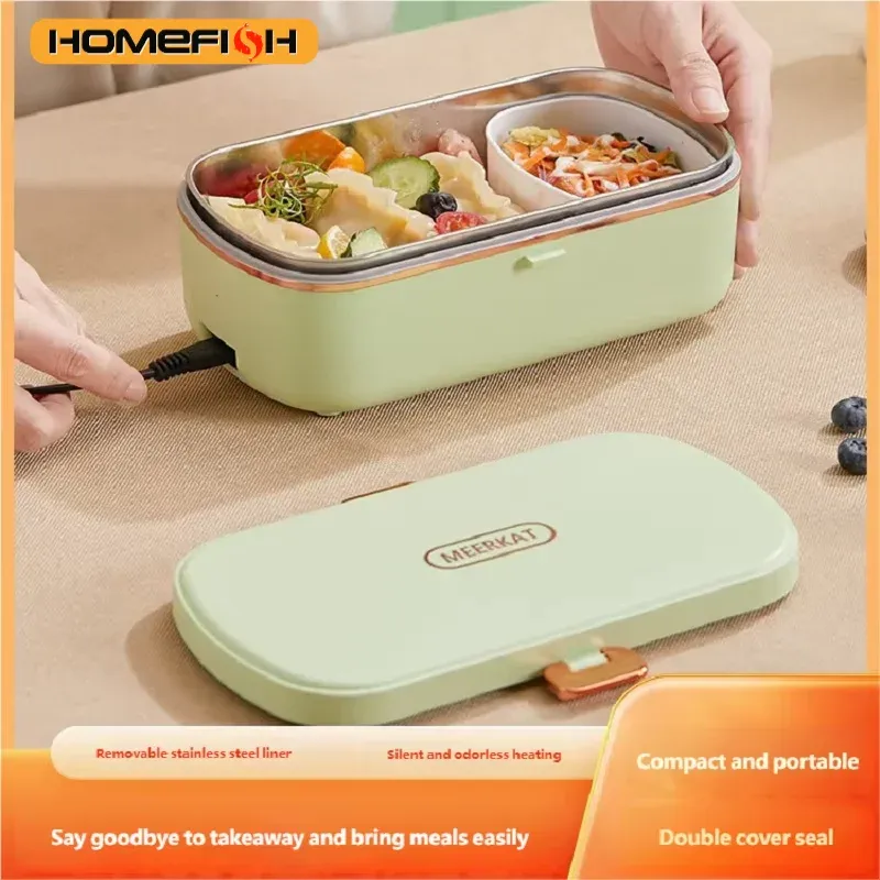 HOMEFISH Elektrische Lunchbox aus Edelstahl, Speisenwärmer, Bento-Box, wasserfreie Heizung, Büro-Lunchbehälter mit integrierter Heizung