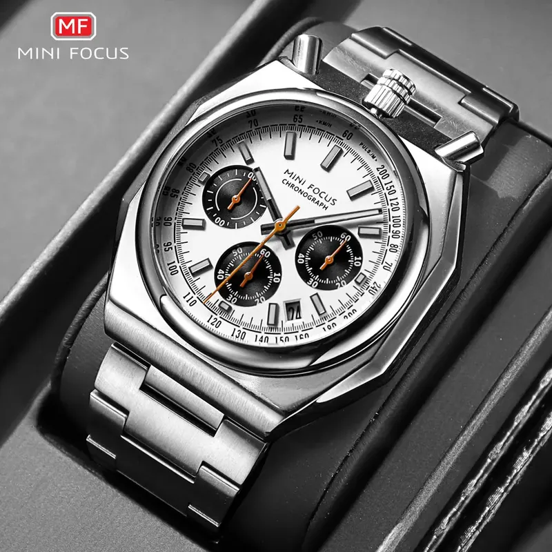 MINI FOCUS Chronograph Quarzuhr für Herren, modisch, wasserdicht, leuchtende Armbanduhr mit Kalender, Edelstahlarmband 0601