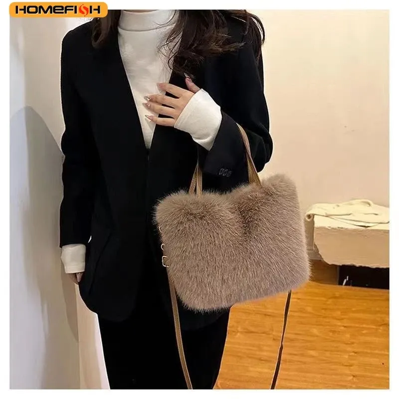 HOMEFISH Kunstfell-Tragetasche Damen Bucket Bag Plüsch Luxus-Design Damenhandtaschen Weiche Winter-Umhängetasche Schultertaschen Bolsa Feminina