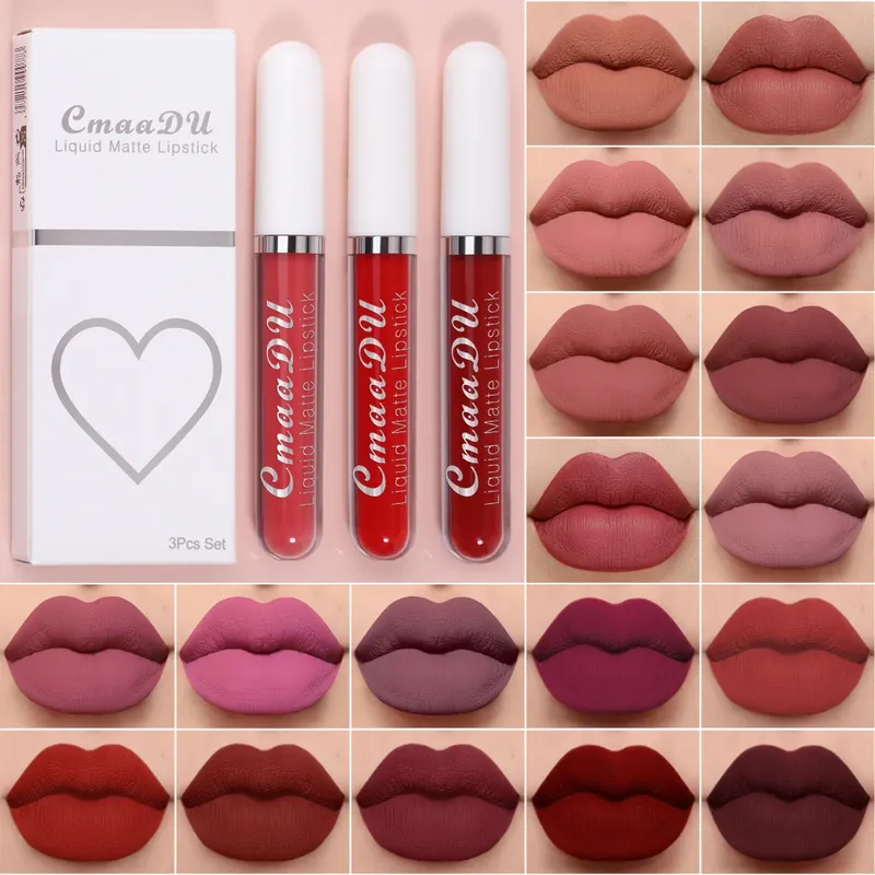 3-teiliges mattes Lippenstift-Lipgloss-Set, langlebig, lichtecht, wasserdicht, antihaftbeschichtet, exquisites Geschenk, Alltag, Urlaub, universell