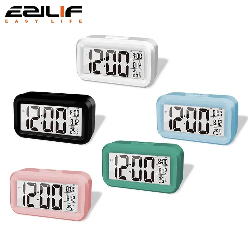 Intelligenter digitaler Wecker, schwarz-weißes LCD-Display mit Temperatur, Kalender, Timer, LED-Licht für Schlafzimmer, Büro (ohne Batterie)