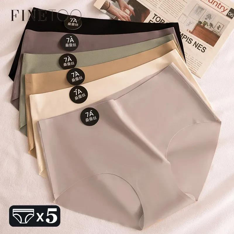 FINETOO 5 Stück Nahtlose Maulbeerseide Unterwäsche Ultradünne Damen-Slips Sexy Hochelastische Unsichtbare Höschen Weiche Lingerie M-XL