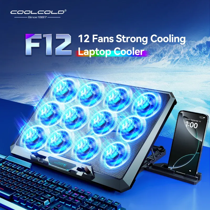 COOLCOLD Laptop-Kühlpad mit 12 leisen Lüftern, 12–17,3 Zoll Gaming-Laptop-Kühlerständer mit zwei USB-Anschlüssen und Telefonhalter