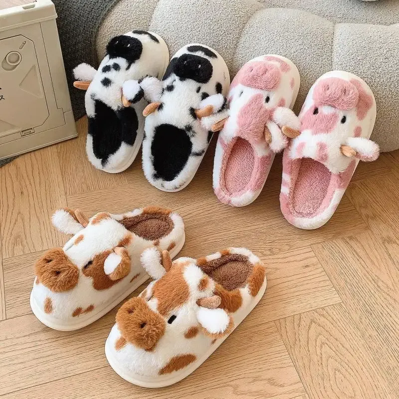 Casual Flauschige Hausschuhe Frauen Haus Niedlichen Cartoon Kuh Designer Schuhe Mädchen Flache Mode Elegante Plüsch Winter Plattform Schuhe Hause