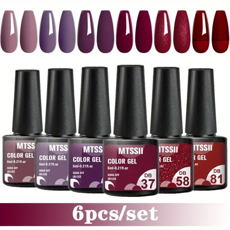 6-teiliges Set Einfarbiger Nagel-Gel-Lack-Kits Einfarbig Glitzer Schwarz Weiß Rot Soak-Off UV Semi-Permanenter Nagellack Nagelkunst-Design