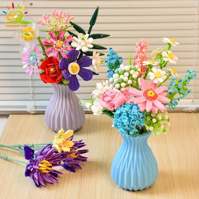 HUIQIBAO MOC Blume Modell Bausteine 3D Bouquet Pflanzen Sonnenblumen Rose Ziegel Kits Kinder DIY Pädagogisches Spielzeug Wohnkultur