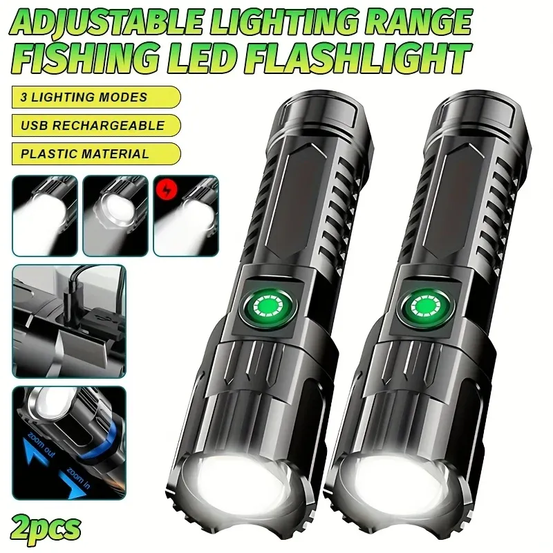 Hochleistungs-LED-Taschenlampe, wiederaufladbare USB-Taschenlampe, zoombares Licht mit eingebauter Batterie, Camping, Wandern, Laterne, Notfalllampe