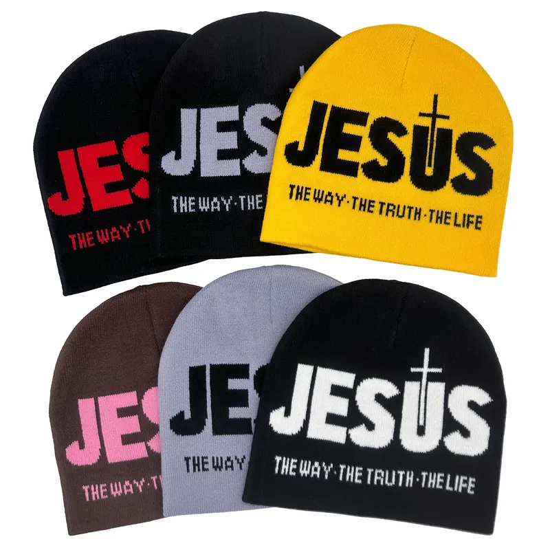 Jacquard Alphabet JESUS Strickmütze Herbst/Winter Outdoor Thermomütze Unisex Pullover Mütze