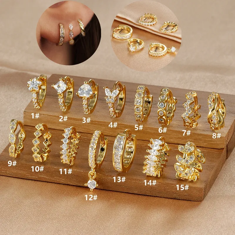 1 STÜCK 18K vergoldeter Edelstahl Runde Kreis Ohrringe für Frauen Teenager Kubikzircon Stern Blatt Creolen Piercing Schmuck