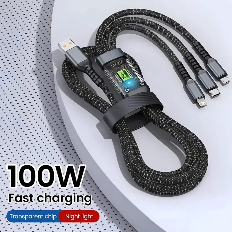 3-in-1 USB 100W 6A Schnellladekabel Auto USB auf Typ-C Micro LIGHTNING Kabel für iPhone 16 15 14 13 Samsung Xiaomi Huawei