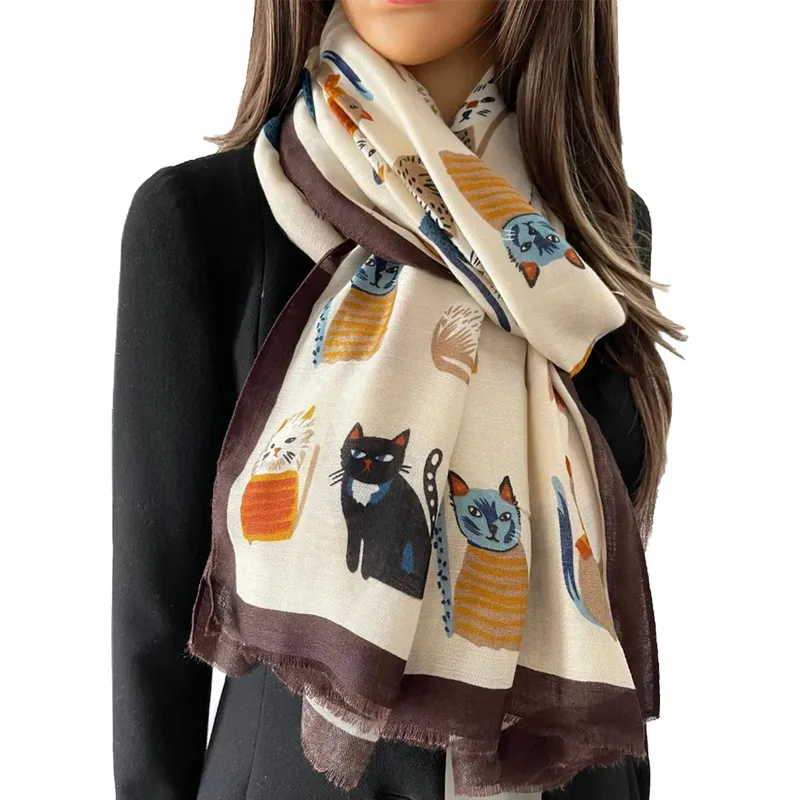 Tier Gedruckt Schal Cartoon Katze Muster Hijab Weiche Viskose Entfernen Rand Lange Schal Frauen Bunte Foulard Wraps Tippet