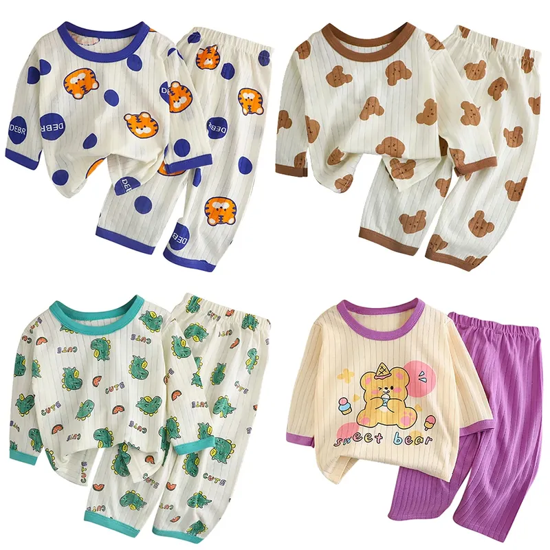 Frühling Winter Kinder Langarm und Hosen Pyjama-Set Weiche Atmungsaktive Baby-Schlafbekleidung Cartoon-Bär Klimaanlage-Raumkleidung Jungen Mädchen Kleidung