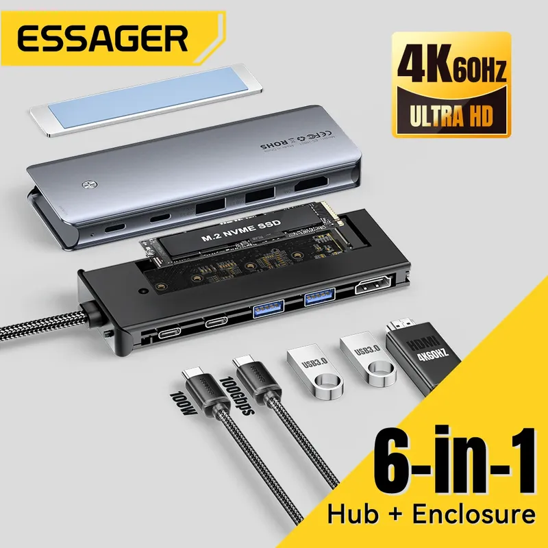 Essager USB C Hub mit M.2 SSD Festplattengehäuse 6/7 in 1 PD100W USB3.2 10 Gbit/s HDMI USB Typ C Adapter für MacBook Pro Air PC