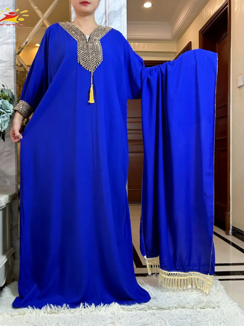 2025New Muslimische Frauen Langarm Herbst Kleid Baumwolle Mit Großen Schal Boubou Maxi Islam Frauen Kleid Afrikanische Abaya