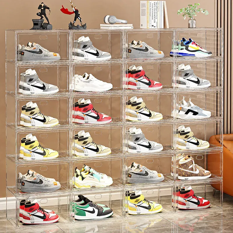 Große AJ Sneaker-Organizer-Box, verdickte transparente Schuhbox mit Magnetverschluss, stapelbarer, mehrschichtiger Schuhaufbewahrungs-Organizer
